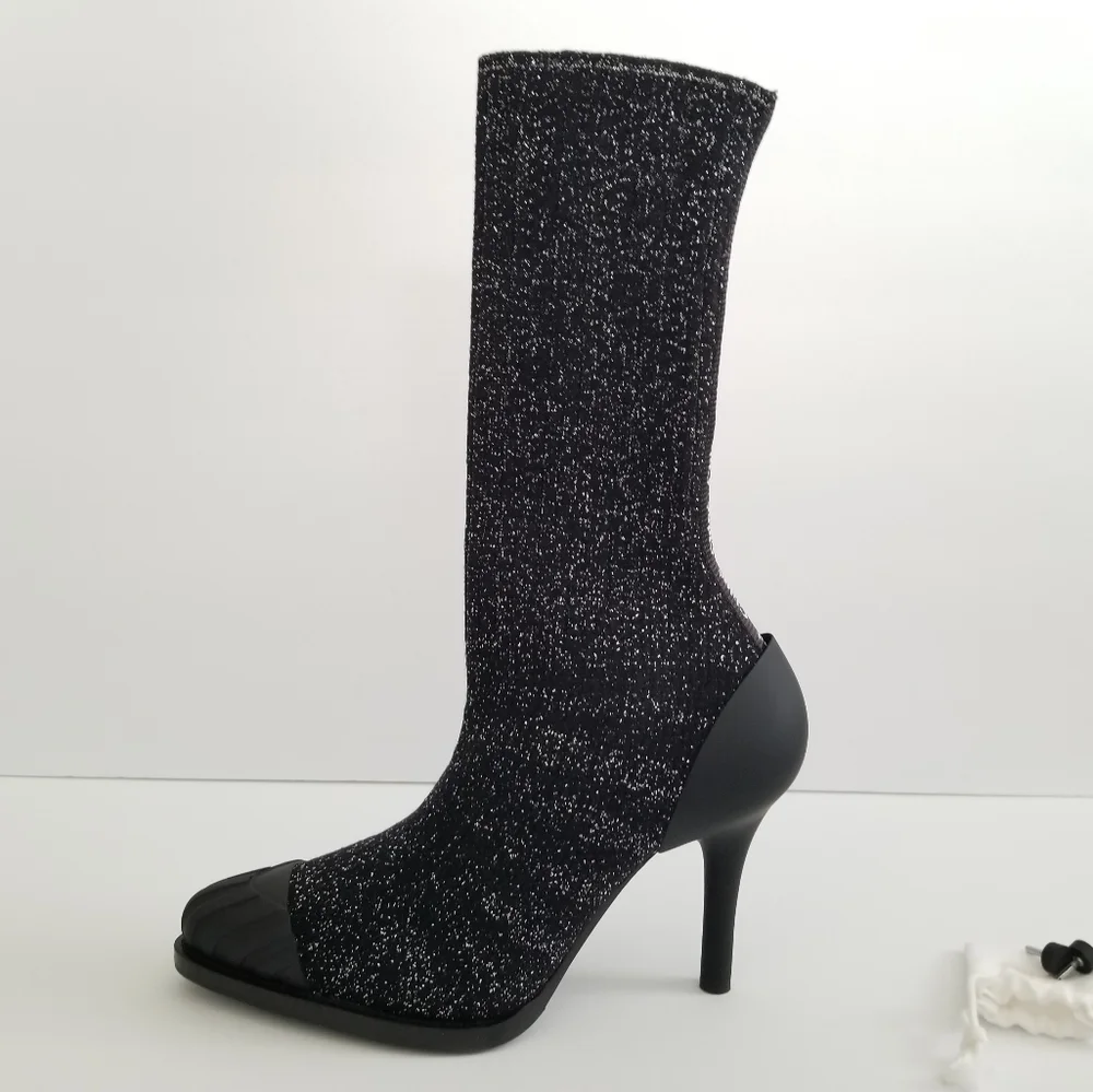Chloe Lurex Knitted High Heel Elastic Sock Ankle Boots Size 36 Black Sil… - Picture 6 of 14